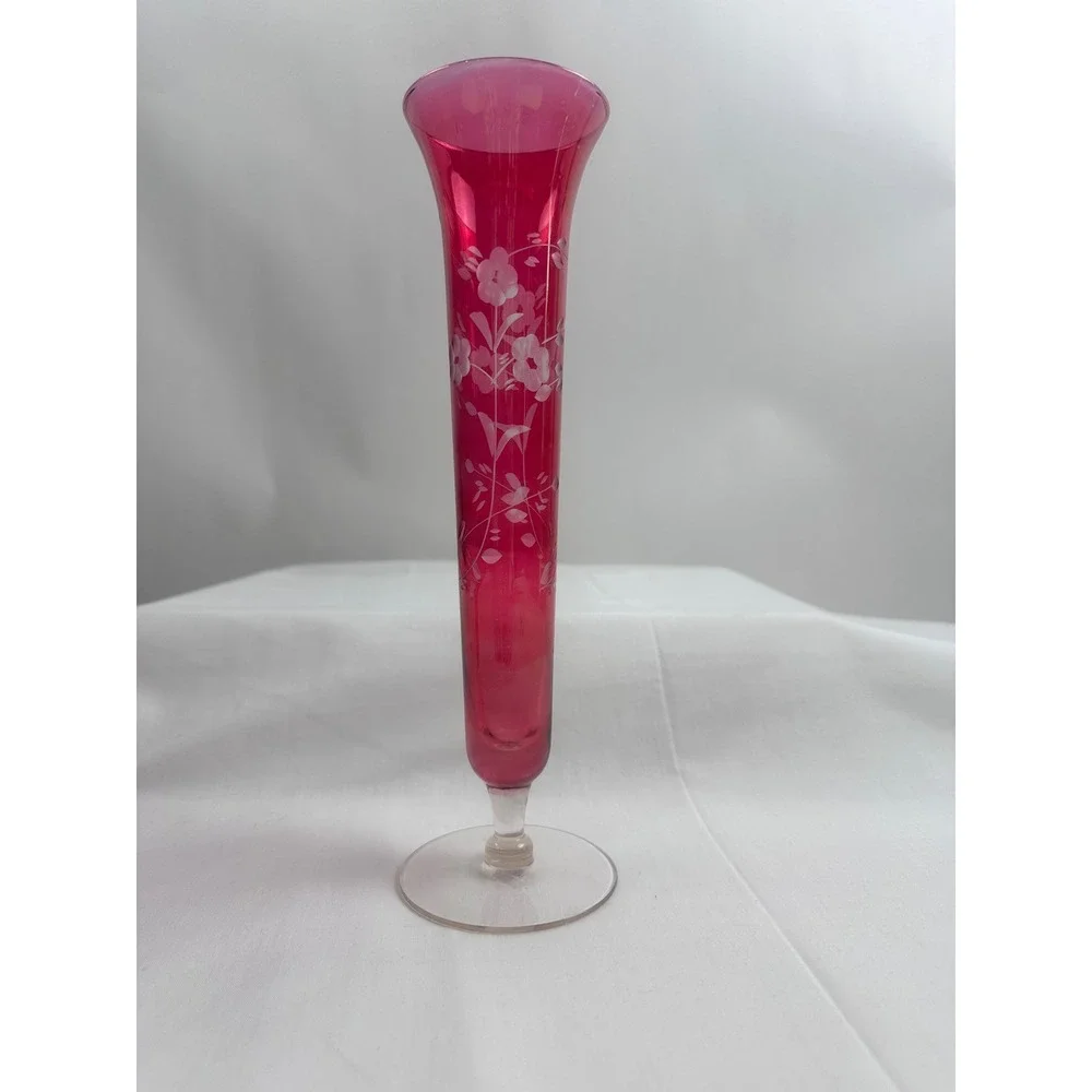 2 Vintage Ruby Red Glass Bud‎ Handblown Vases Etched Floral Design